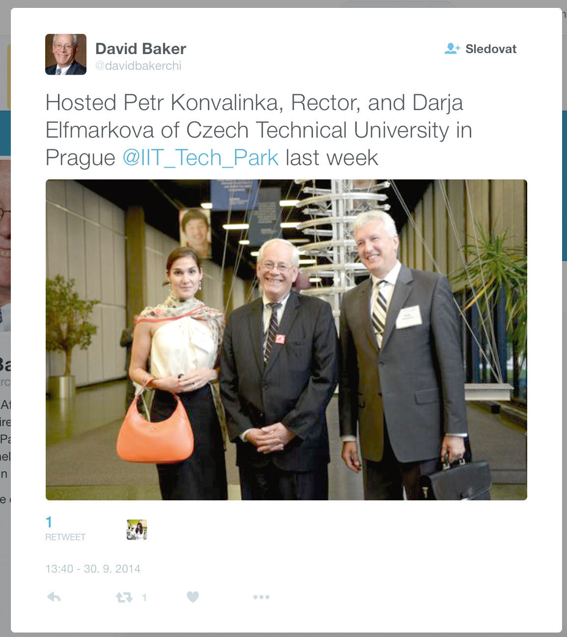 Darja Elfmarková, nyní vedoucí odboru pro řízení projektů ČVUT, rektor ČVUT Petr Konvalinka stojí vpravo. Fotografie z návštěvy univerzitního technologického parku v Chicagu, kterou zveřejnil na Twitteru 30. září 2014 bývalý šéf parku David Baker (uprostřed).