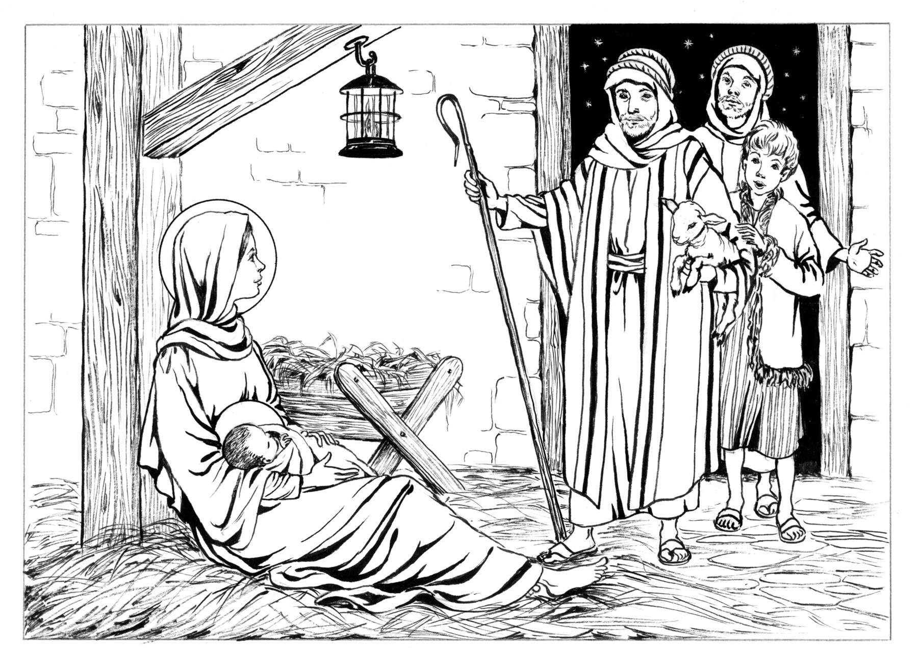 Kresba - narození Ježíše v Betlémě.