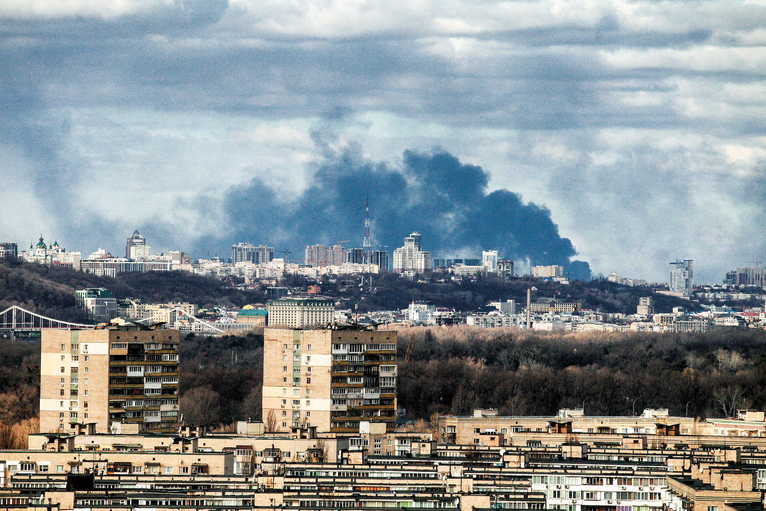 Kyjev bombardovaný ruskými silami. Únor 2022.