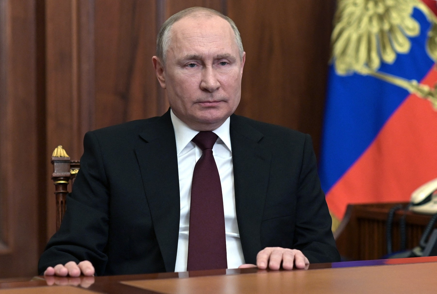 Ruský prezident Putin při nechvalně známém projevu 21. února 2022 několik dní před tím, než na jeho rozkaz napadla ruská armáda Ukrajinu.